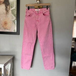 Pink High Waisted Straight Crop Denim Jeans w/ Stretch
